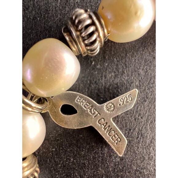 Vintage rose quartz pearls sterling silver breast cancer awareness bracelet - Picture 3 of 11